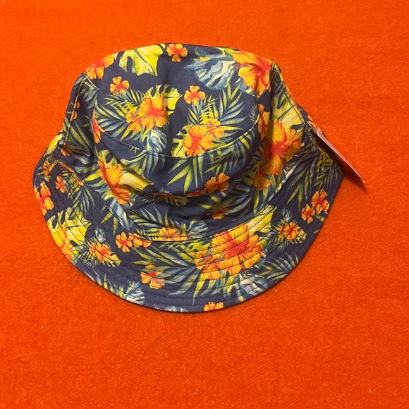 Blue and orange unisex 100% cotton reversible hibiscus bucket hat NWT - Picture 2 of 7